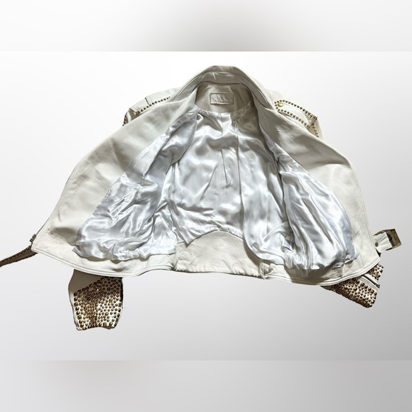 Vintage 1980s John Michael White Leather Studded Rhinestone Jacket Large - Picture 3 of 9